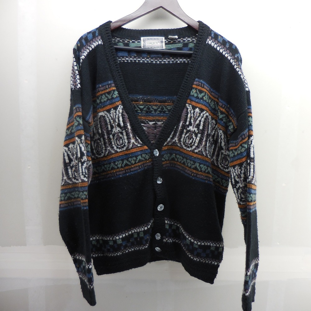 Concrete Mix Vintage 90s Black Intarsia Knit Cardigan Sweater‎ Mens Medium